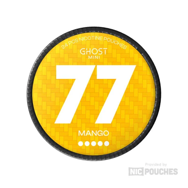 77 Ghost Mini Mango nicotine pouch can, vibrant yellow design with Ghost Mini branding and bold 77 logo