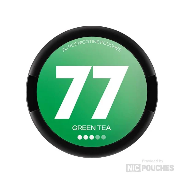 77 Green Tea nicotine pouch can, green lid, 10.4mg Medium strength