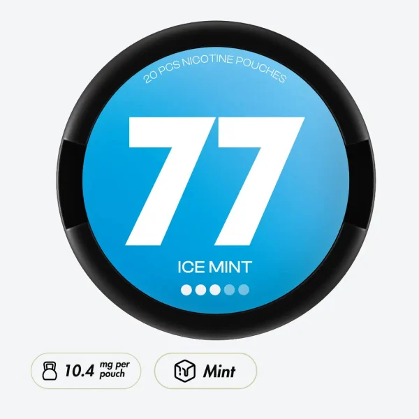77 Ice Mint nicotine pouch can, bright blue gradient with 77 branding and Ice Mint text, 20 pouches