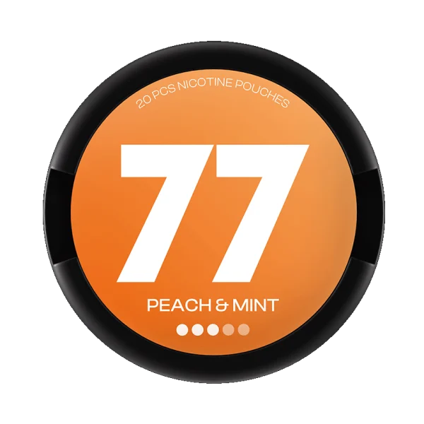 77 Peach & Mint nicotine pouch can, warm orange design with bold white 77 branding