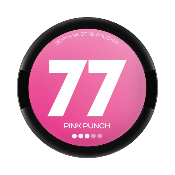 77 Pink Punch nicotine pouch can, vivid pink design with bold white 77 branding