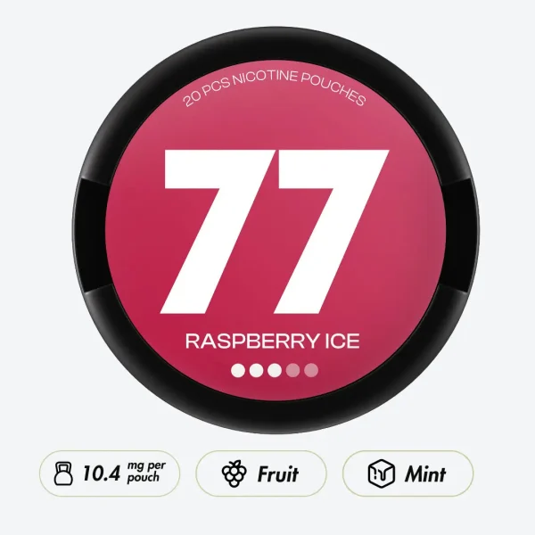 77 Raspberry Ice nicotine pouch can, bold pink gradient with 77 branding and Raspberry Ice text, 20 pouches