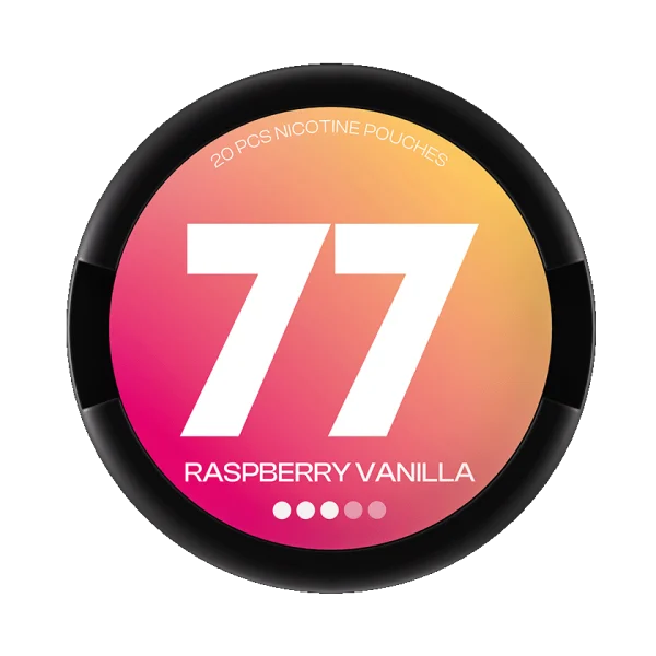 77 Raspberry Vanilla nicotine pouch can, pink and golden gradient design with bold 77 branding