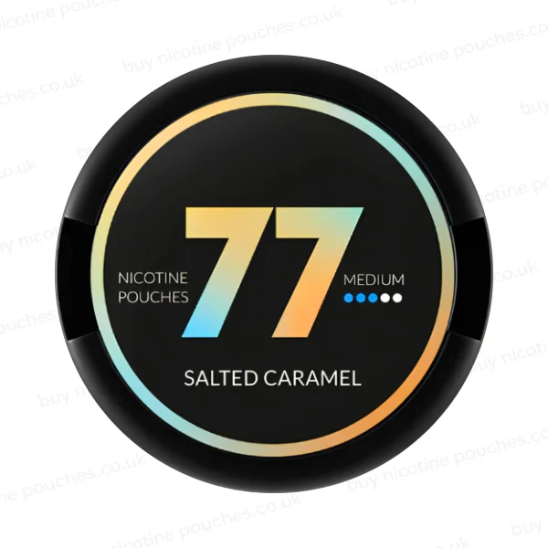 77 Salted Caramel nicotine pouch can, black with holographic iridescent 77 logo and Salted Caramel text in Medium strength