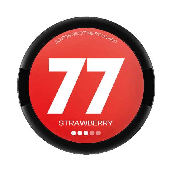 77 Strawberry nicotine pouch can, bright red design with bold white 77 branding