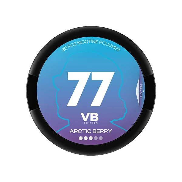 77 VB Edition Arctic Berry nicotine pouch can lid, blue and purple gradient design with VB Edition branding