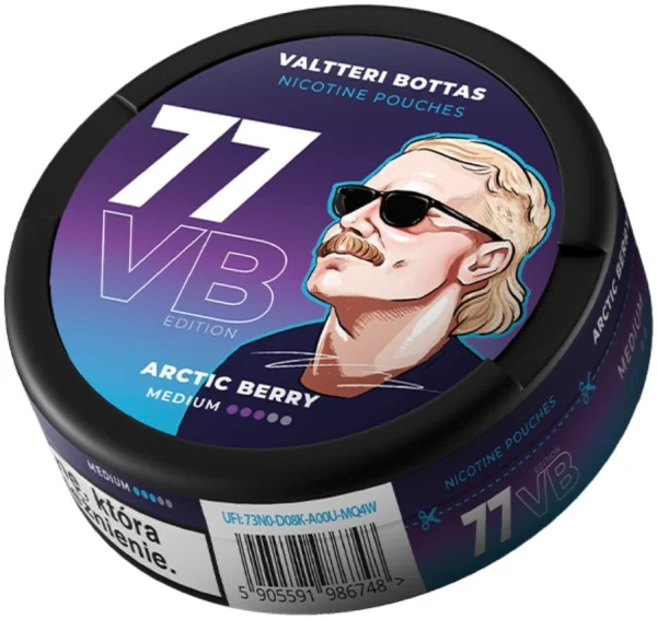 77 VB Edition Arctic Berry nicotine pouch can with Valtteri Bottas illustrated portrait, purple and blue gradient
