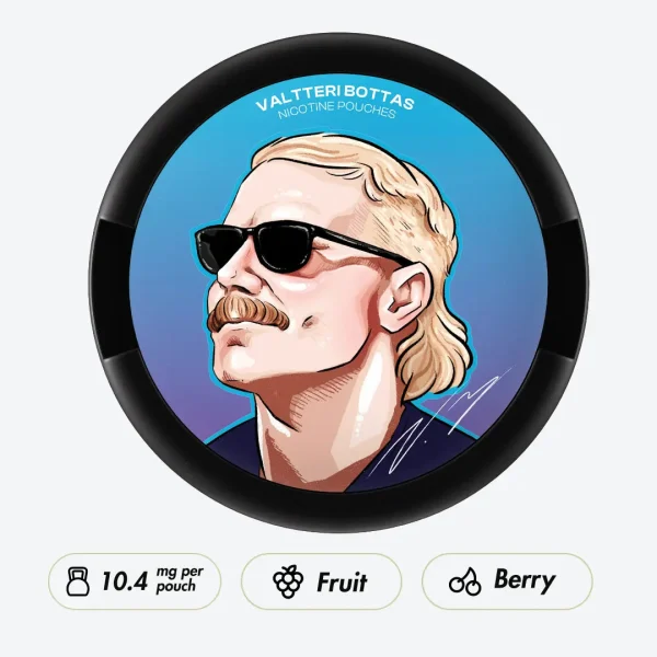 77 VB Edition Artic Mint nicotine pouch can featuring a portrait illustration of Valtteri Bottas on a blue gradient background