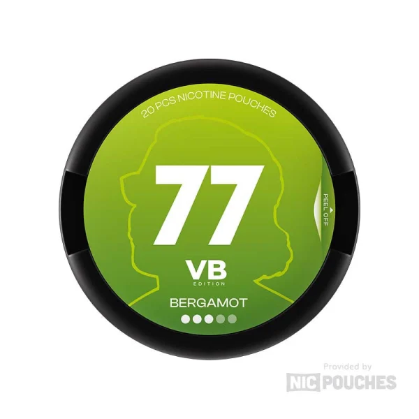 77 VB Edition Bergamot nicotine pouch can, green design with Valtteri Bottas portrait and bold 77 branding