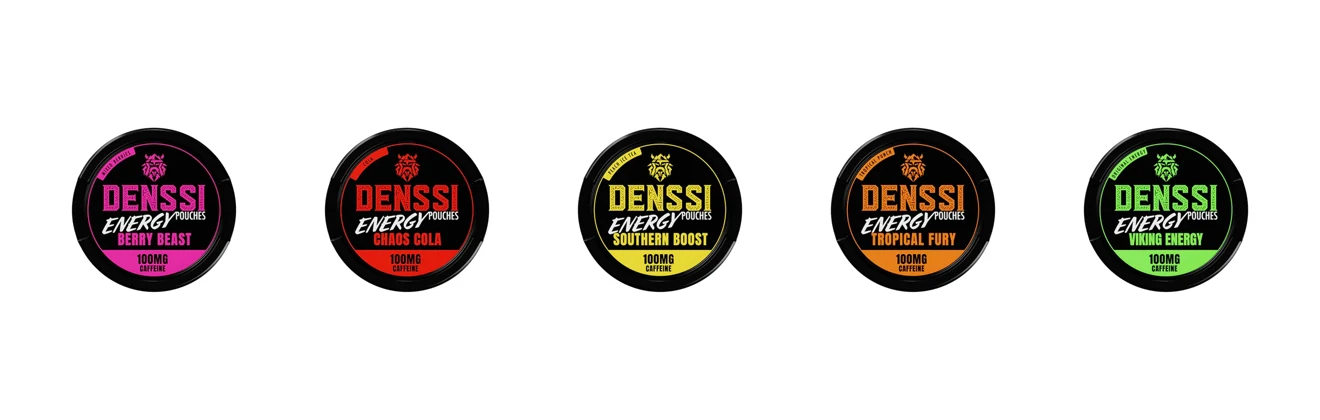 Denssi Energy caffeine pouch range including Southern Boost, nicotine-free energy pouches