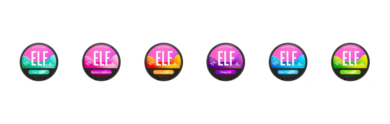ELF nicotine pouch range by Elf Bar showing Blueberry Raspberry and the other tobacco-free cans