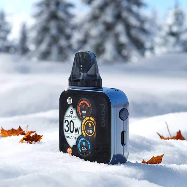 Allo Pava Horiz Ultra pod kit in jewel blue showing the side button and USB-C charging port on a snowy background