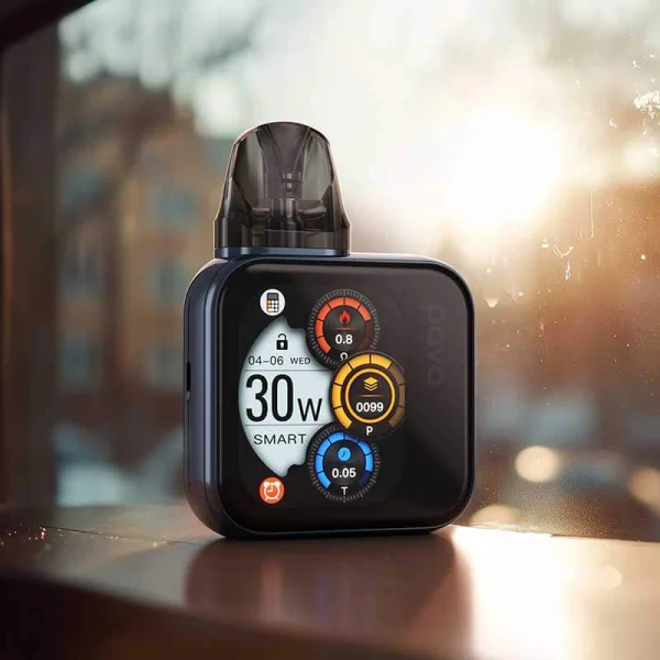 Allo Pava Horiz Ultra pod kit on a windowsill showing its 30W Smart mode touchscreen with coil, puff and duration dials