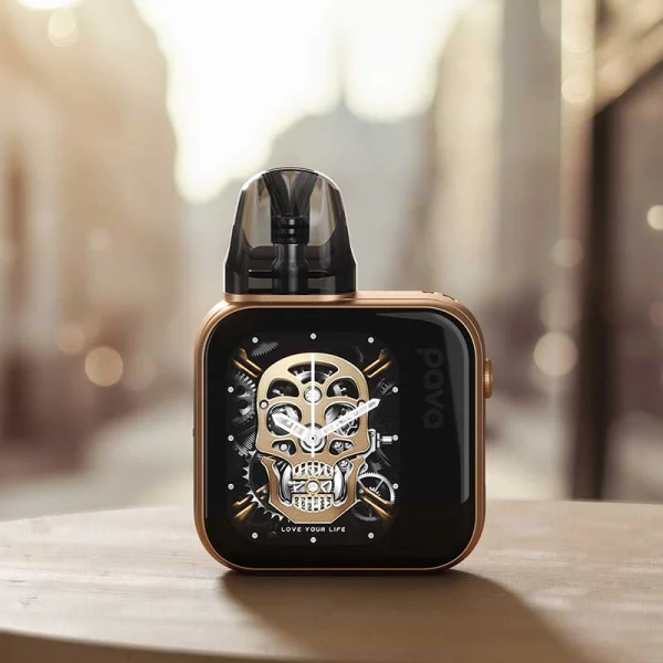 Allo Pava Horiz Ultra in champagne gold showing a skeleton-watch custom theme on its touchscreen