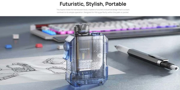 Aspire Gotek X translucent pod kit on a desk, showing the see-through industrial design