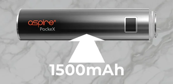 Aspire PockeX AIO showing the 1500mAh battery callout on a marble background