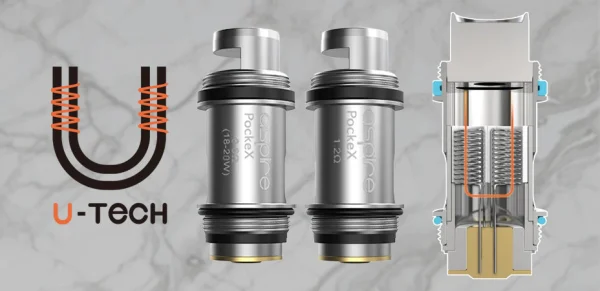 Aspire PockeX U-Tech coils showing both resistances and a cutaway cross-section on marble background