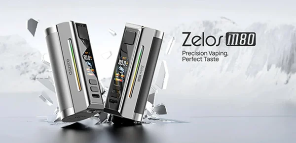 Aspire Zelos M80 mod in silver and gunmetal finishes against an icy background