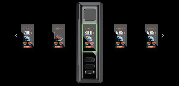 Aspire Zelos M80 in full black showing all five output modes on the TFT screen