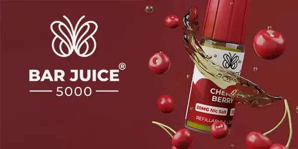 Bar Juice 5000 Cherry Berry 20mg nic salt bottle with a cherry splash on a red background