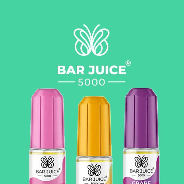 Bar Juice 5000 nic salt range showing pink, orange and grape 10ml bottles on a green background