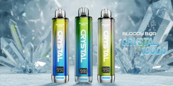 Bloody Bar Crystal 10K prefilled pod kit shown in three crystal-finish colours with lit battery screens on an ice background