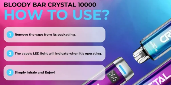 Bloody Bar Crystal 10K how to use banner showing remove from packaging, LED operation and inhale to vape steps
