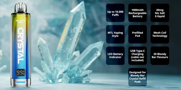 Bloody Bar Crystal 10K specification banner listing 10000 puffs, 1000mAh battery, 20mg nic salt, mesh coil and USB-C charging