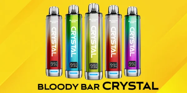 Bloody Bar Crystal 10K device colour range shown in five crystal finishes on a yellow background
