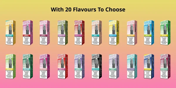 Bloody Bar Crystal 10K prefilled pod flavour range shown as twenty colourful prefilled pod packs
