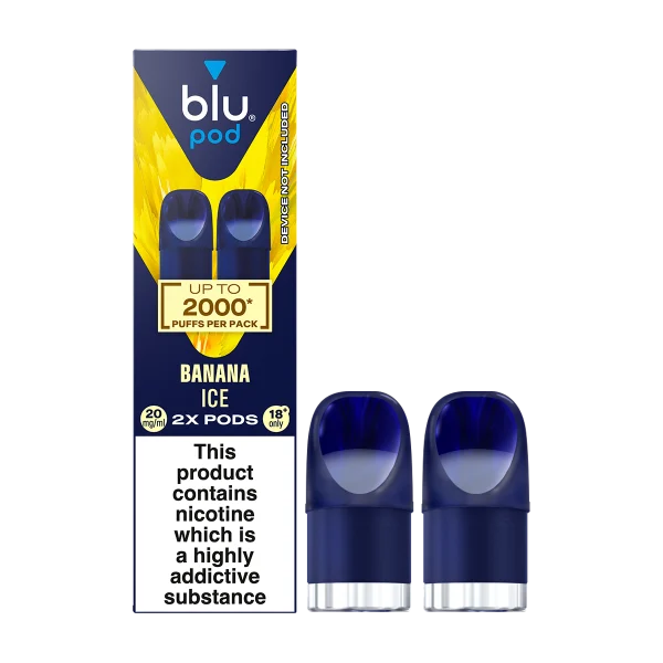Blu Bar Banana Ice prefilled pod pack and two navy pods, a cool banana 20mg nic salt refill