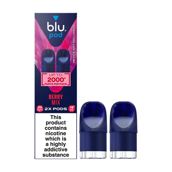 Blu Bar Berry Mix prefilled pod pack and two navy pods, a 20mg nic salt refill pack