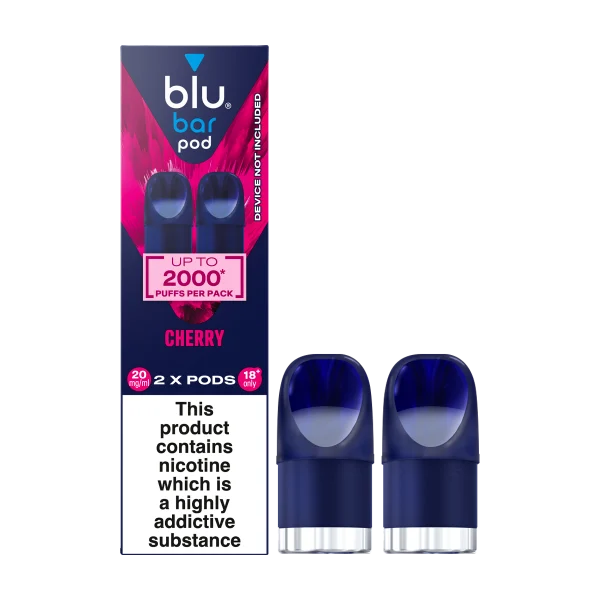 Blu Bar Cherry prefilled pod pack and two navy pods, 2ml 20mg nic salt for the Blu Bar Kit