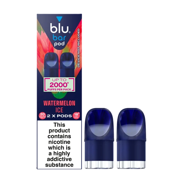 Blu Bar prefilled pod pack and two navy pods, a 2ml 20mg nic salt refill for the Blu Bar Kit