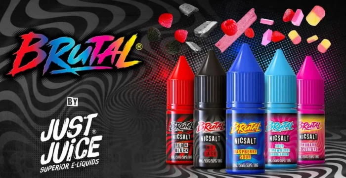 Brutal nic salt 10ml range banner by Just Juice showing the nicsalt bottle lineup