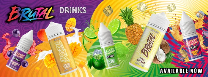 Brutal Drinks 100ml shortfill range banner by Just Juice with bottles and fruit