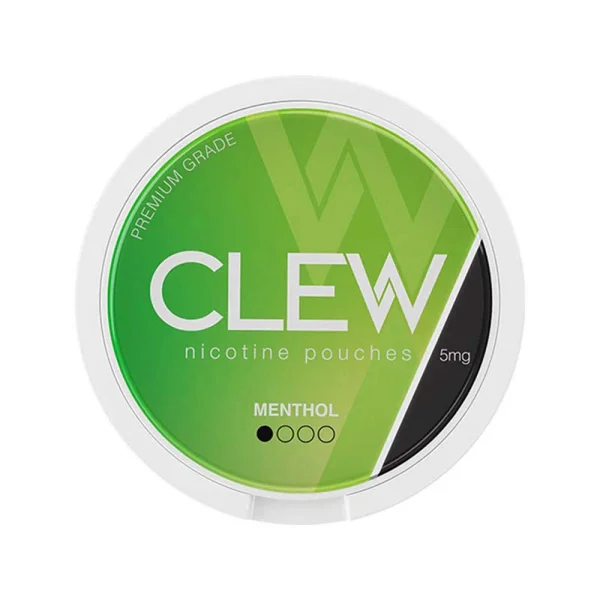 Clew Menthol 5mg nicotine pouches bright green circular can with geometric design