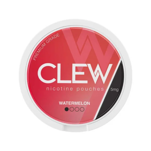 Clew Watermelon 5mg nicotine pouches red circular can with geometric design