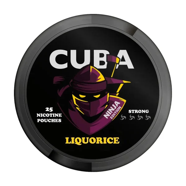 Cuba Ninja Liquorice nicotine pouches tin showing black and gold label design