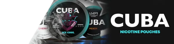Cuba nicotine pouches full range on a dark background including White, Black and Ninja lines
