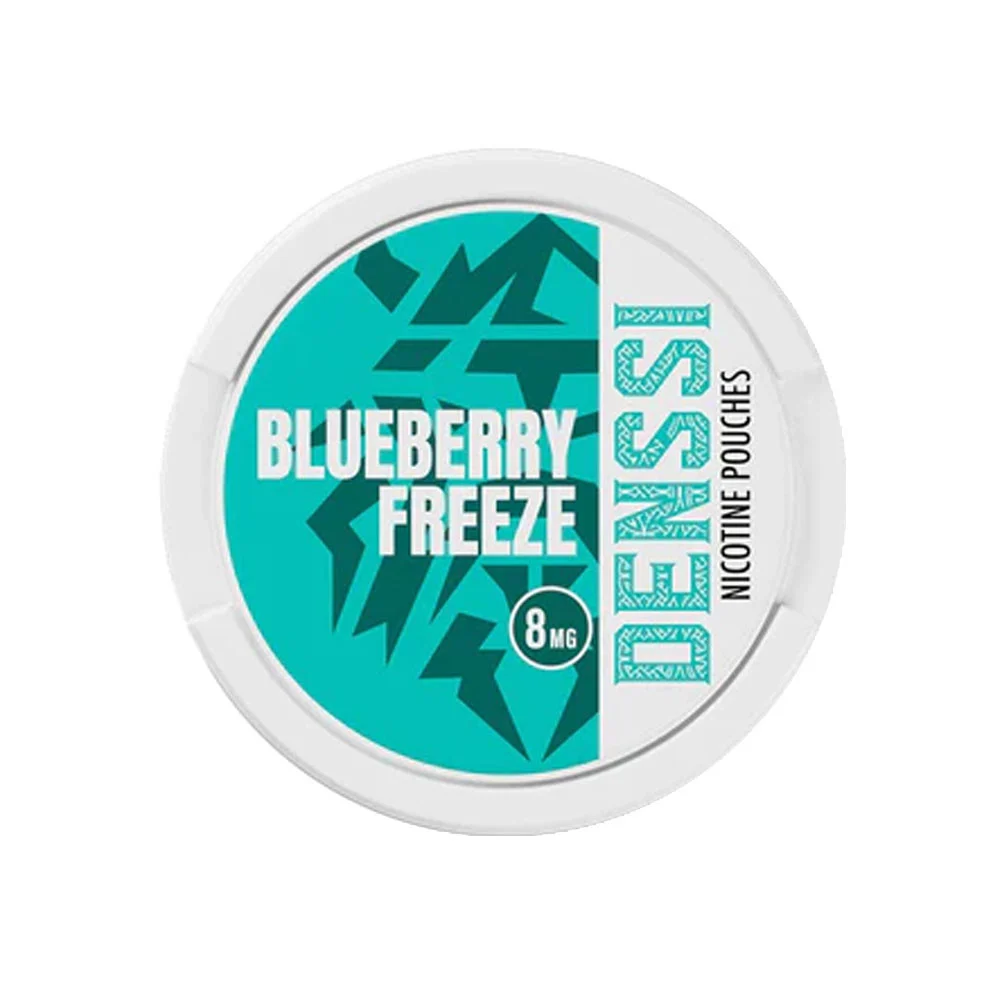 Denssi Blueberry Freeze 8mg nicotine pouch can, tobacco-free white pouches with blueberry and menthol flavour