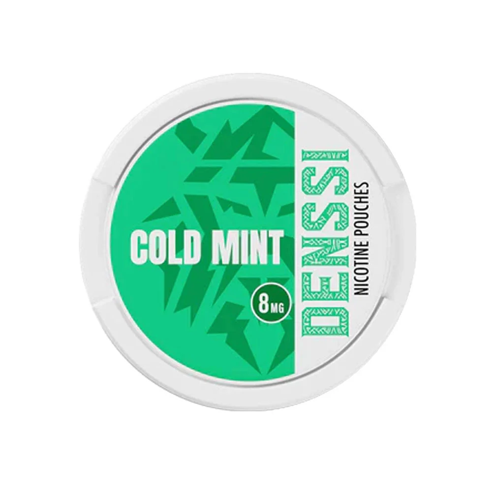 Denssi Cold Mint 8mg nicotine pouch can, green tobacco-free white pouches