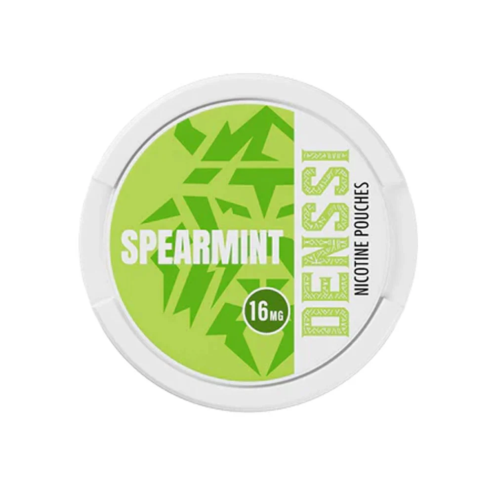 Denssi Spearmint 16mg nicotine pouch can, the stronger of the two soft mint options