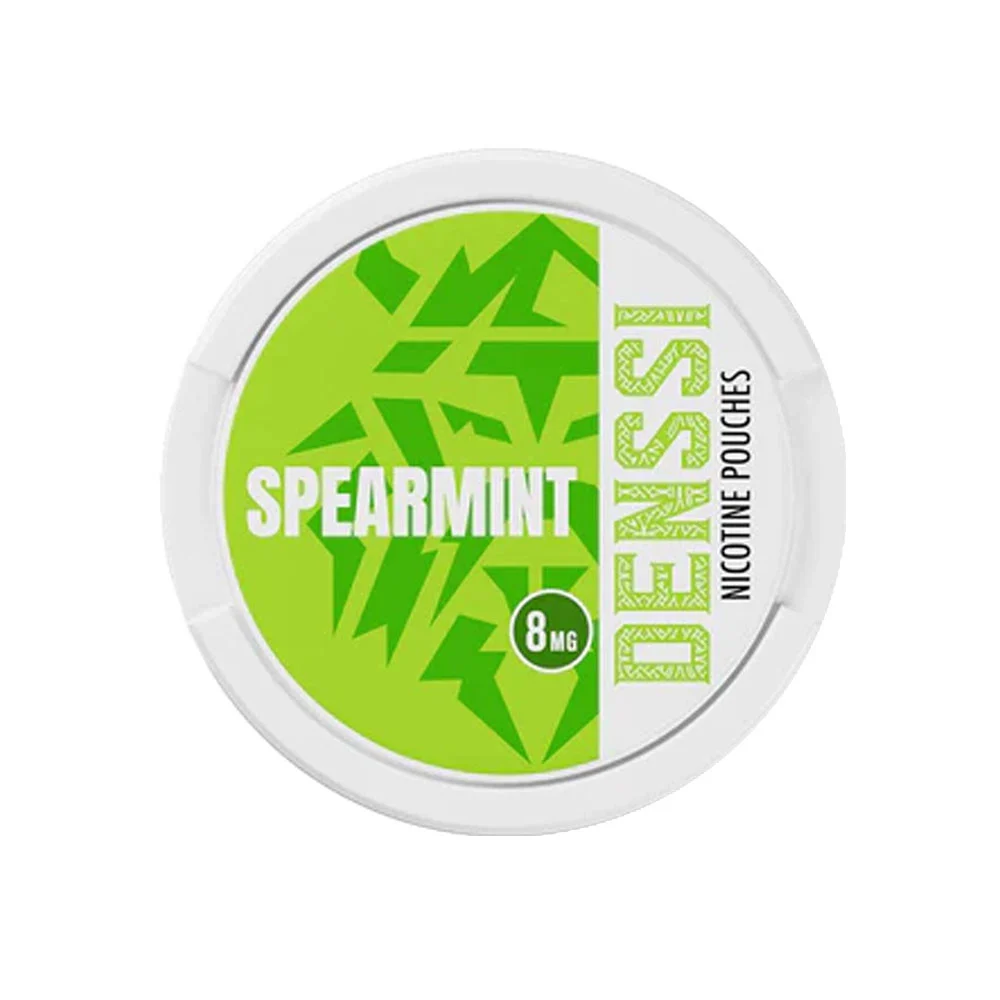 Denssi Spearmint 8mg nicotine pouch can, soft sweet mint tobacco-free white pouches