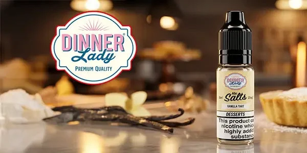 Dinner Lady Select Tobacco nic salt range, branded Dinner Lady The Salts lifestyle banner, 10ml 50/50 bottle