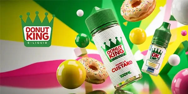 Donut King 100ml shortfill e-liquid bottle surrounded by donuts and sweets with the Donut King crown logo