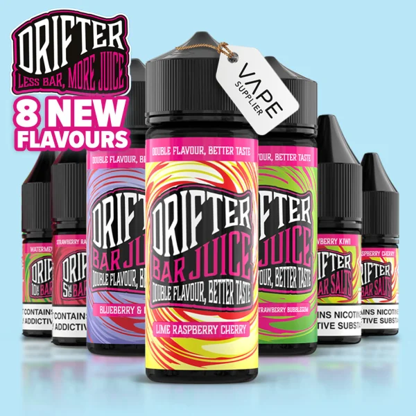 Drifter Bar Juice 100ml shortfill bottles on a light blue background showing colourful label designs alongside Drifter Bar Salts 10ml bottles with the Less Bar More Juice logo