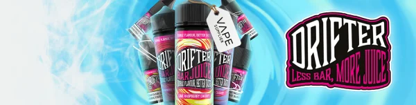 Drifter brand banner: Bar Juice and Bar Salts bottles against a blue swirling background with the Drifter Less Bar More Juice logo in pink and white lettering