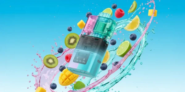 Elf Bar 4-in-1 prefilled pod surrounded by a fruit splash on a blue background