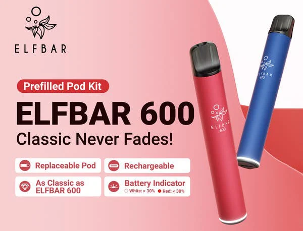 Elf Bar 600 prefilled pod kit, rechargeable with a replaceable pod, classic never fades